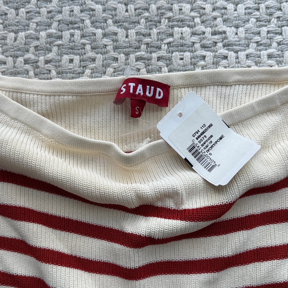 STAUD Float Red and Cream Striped Off-Shoulder Crop Top - Picture 2 of 2